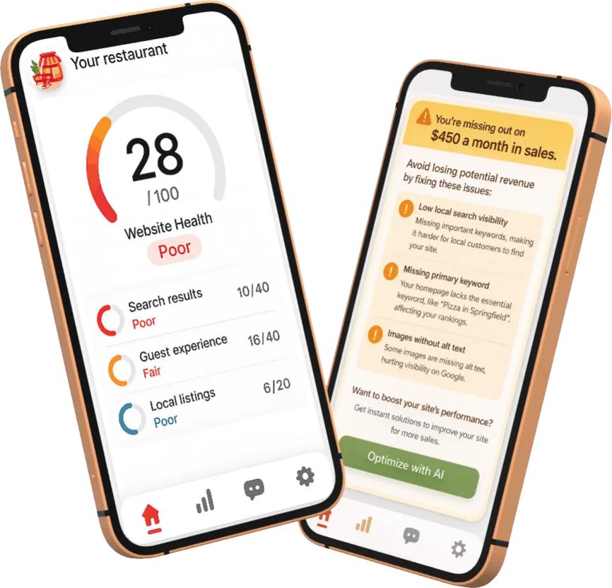 Herramienta de diagnóstico IA mostrando puntuación de salud del sitio web y recomendaciones