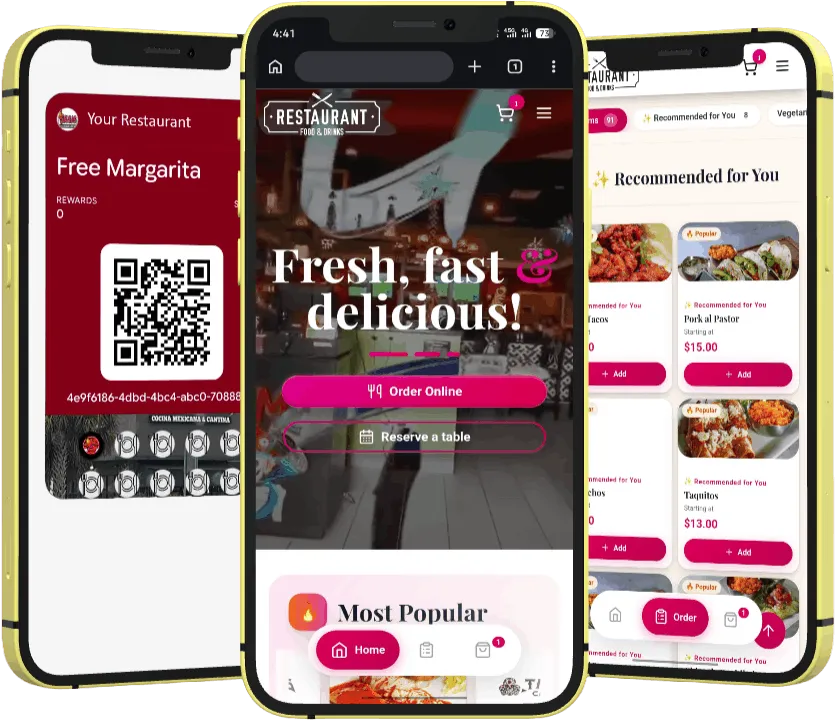 Plataforma de pedidos en línea mostrando app de restaurante personalizada con menú, tarjetas de lealtad e interfaz de pedidos